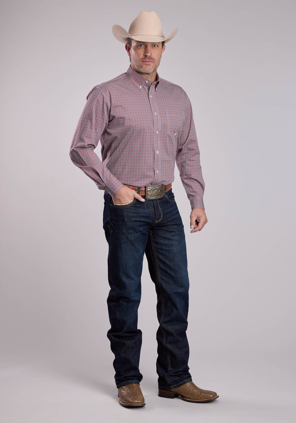 MENS ROPER RED TILE FOULARD LONG SLEEVE BUTTON SHIRT