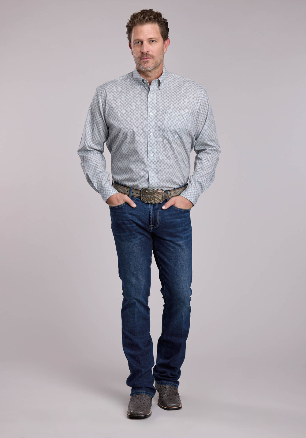 MENS ROPER GREY STRETCH FOUR POINT FOULARD LONG SLEEVE BUTTON SHIRT