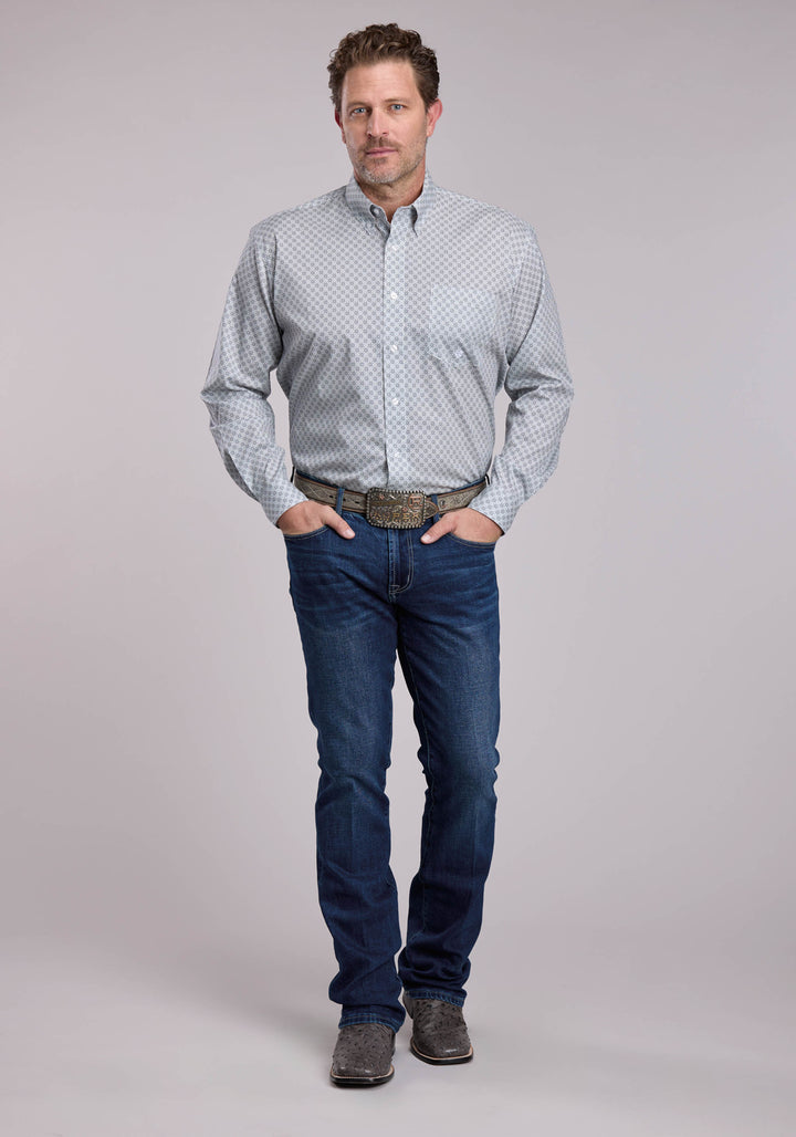 MENS ROPER GREY STRETCH FOUR POINT FOULARD LONG SLEEVE BUTTON SHIRT