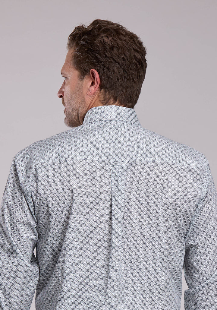MENS ROPER GREY STRETCH FOUR POINT FOULARD LONG SLEEVE BUTTON SHIRT