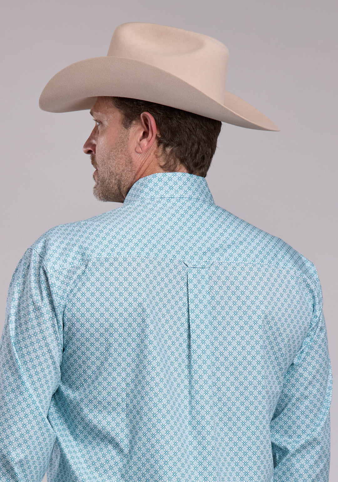 MENS ROPER TEAL STRETCH FOUR POINT FOULARD LONG SLEEVE BUTTON SHIRT