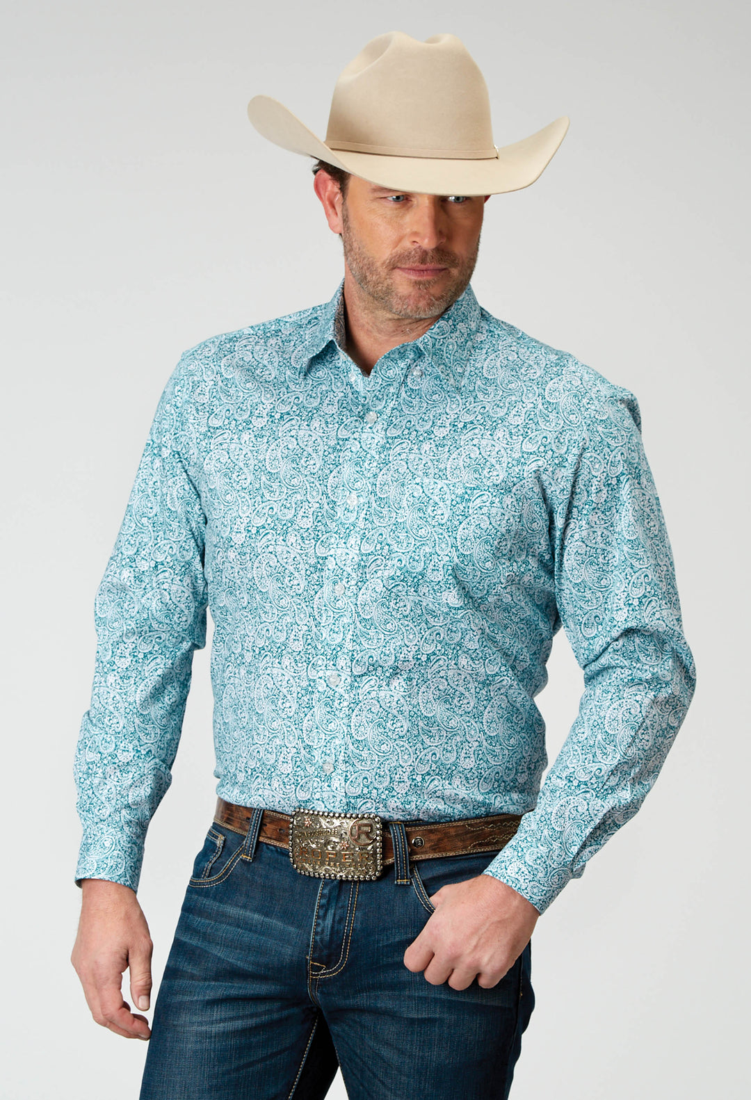 MENS LONG SLEEVE BUTTON STRETCH POPLIN TEAL PAISLEY WESTERN SHIRT