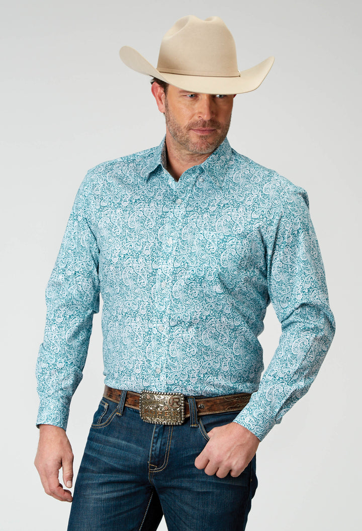 MENS LONG SLEEVE BUTTON STRETCH POPLIN TEAL PAISLEY WESTERN SHIRT