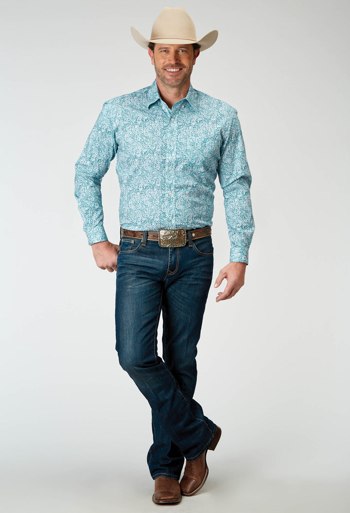 MENS LONG SLEEVE BUTTON STRETCH POPLIN TEAL PAISLEY WESTERN SHIRT