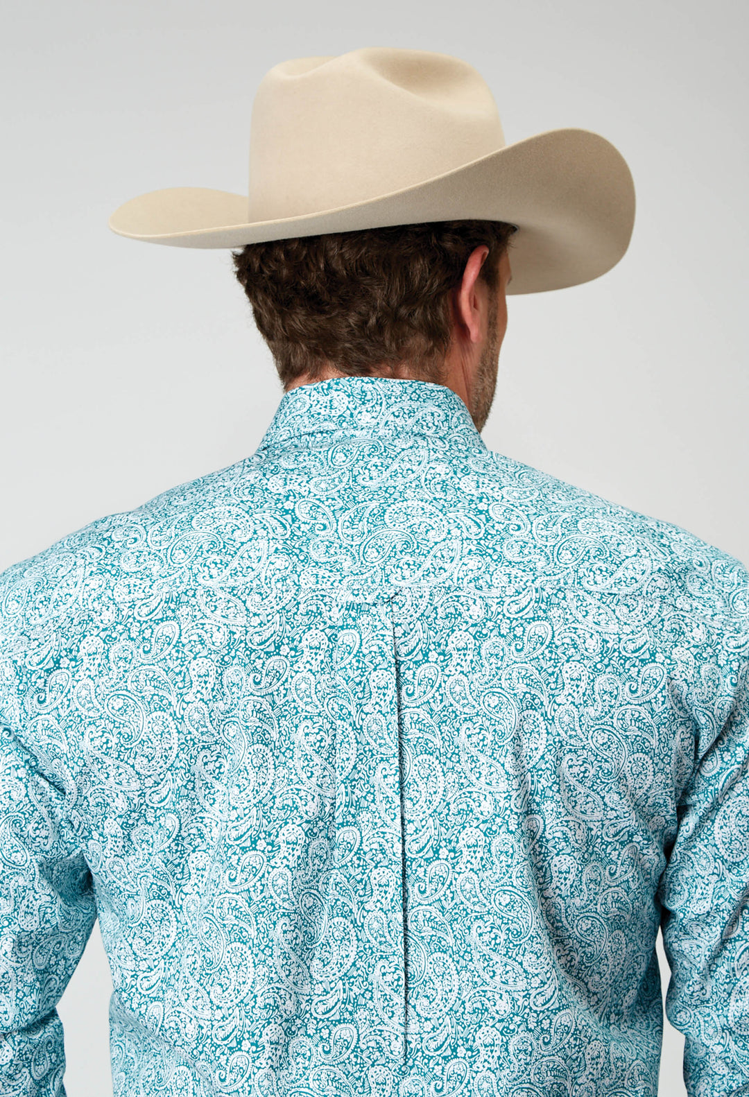 MENS LONG SLEEVE BUTTON STRETCH POPLIN TEAL PAISLEY WESTERN SHIRT