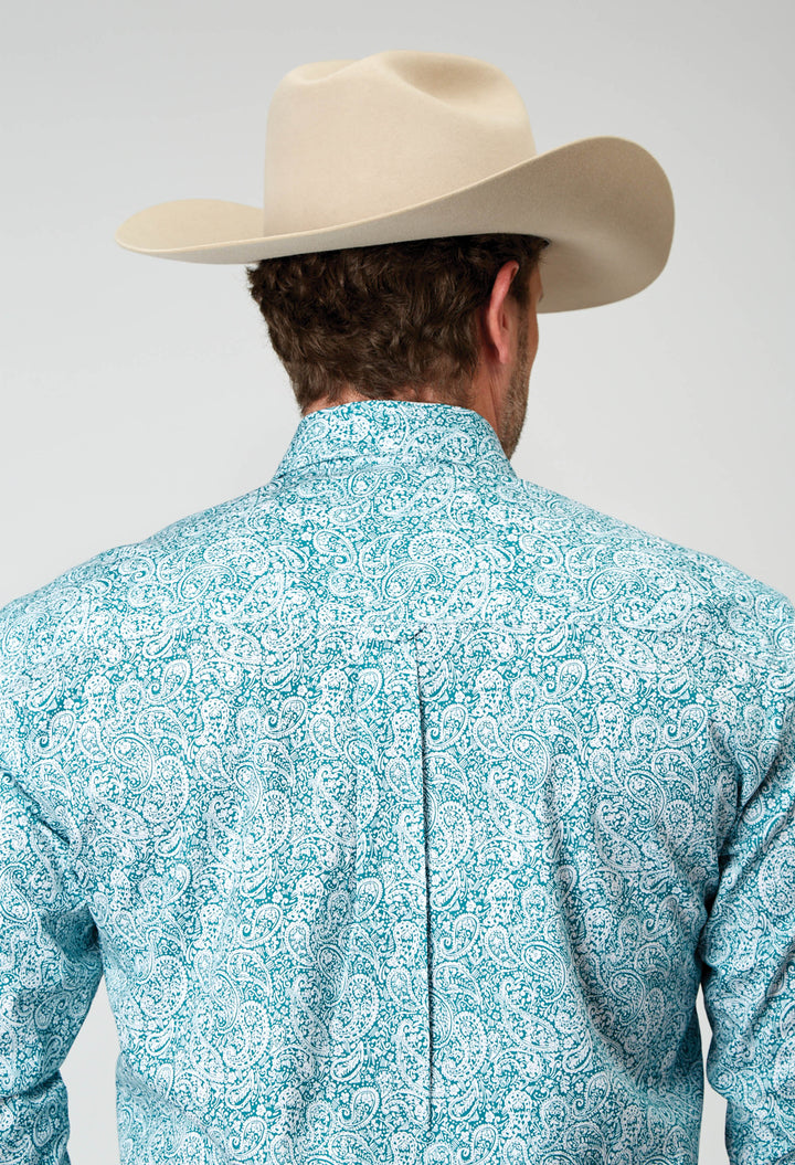 MENS LONG SLEEVE BUTTON STRETCH POPLIN TEAL PAISLEY WESTERN SHIRT
