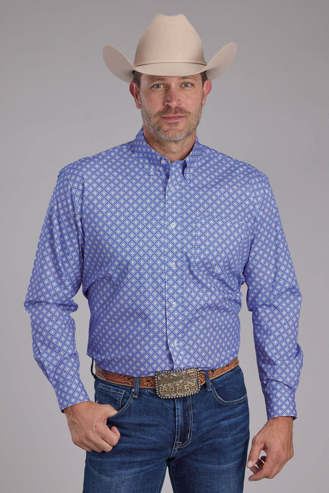 MENS PERIWINKLE FOULARD LONG SLEEVE BUTTON WESTERN SHIRT
