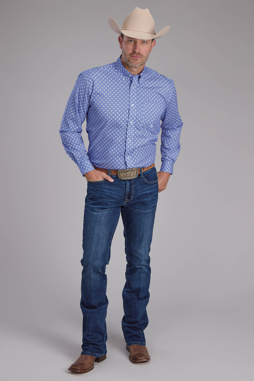 MENS PERIWINKLE FOULARD LONG SLEEVE BUTTON WESTERN SHIRT