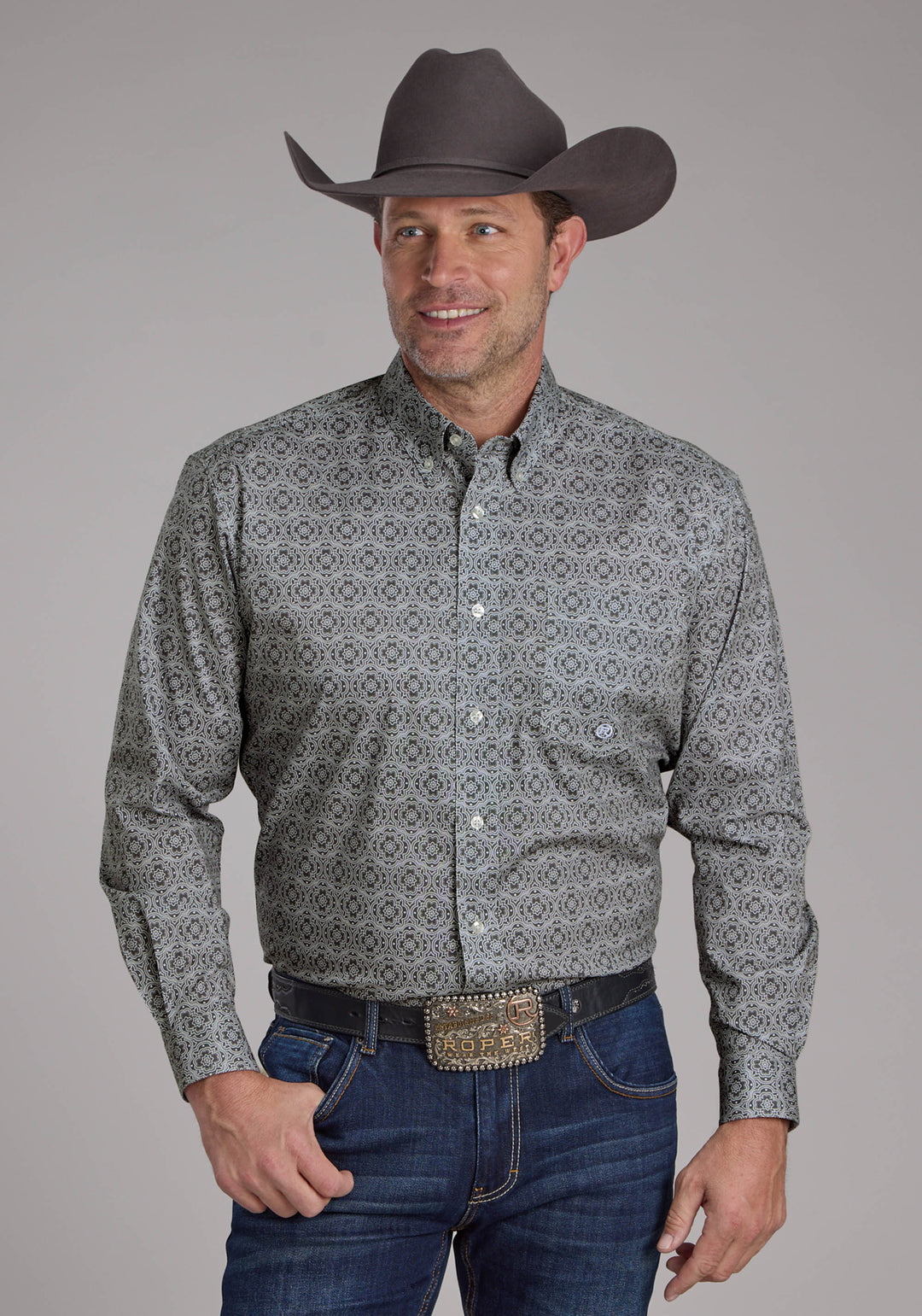 MENS STRETCH MEDALLION PAISLEY - GRAY LONG SLEEVE BUTTON WESTERN SHIRT