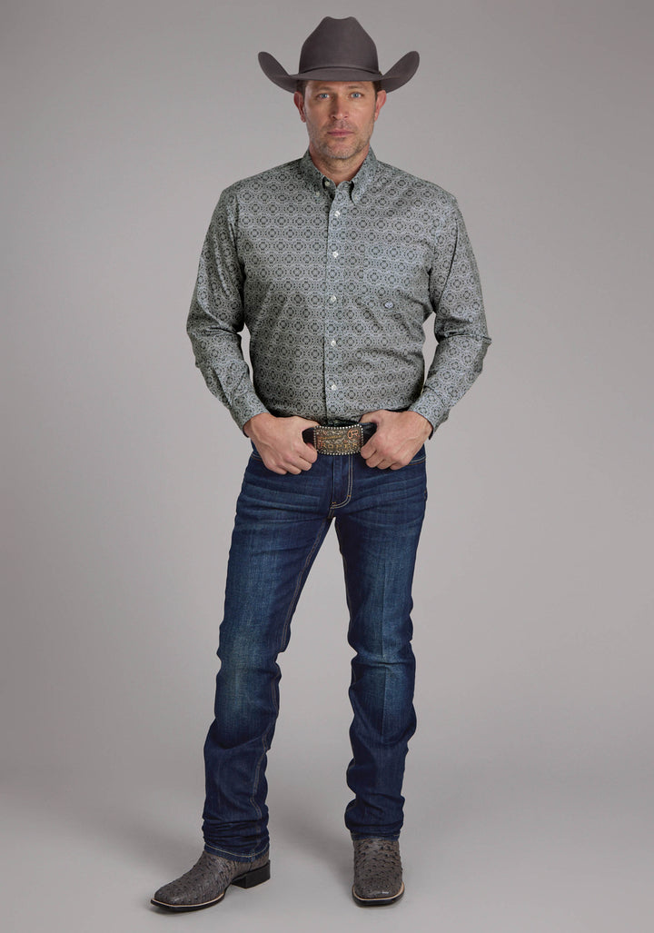 MENS STRETCH MEDALLION PAISLEY - GRAY LONG SLEEVE BUTTON WESTERN SHIRT