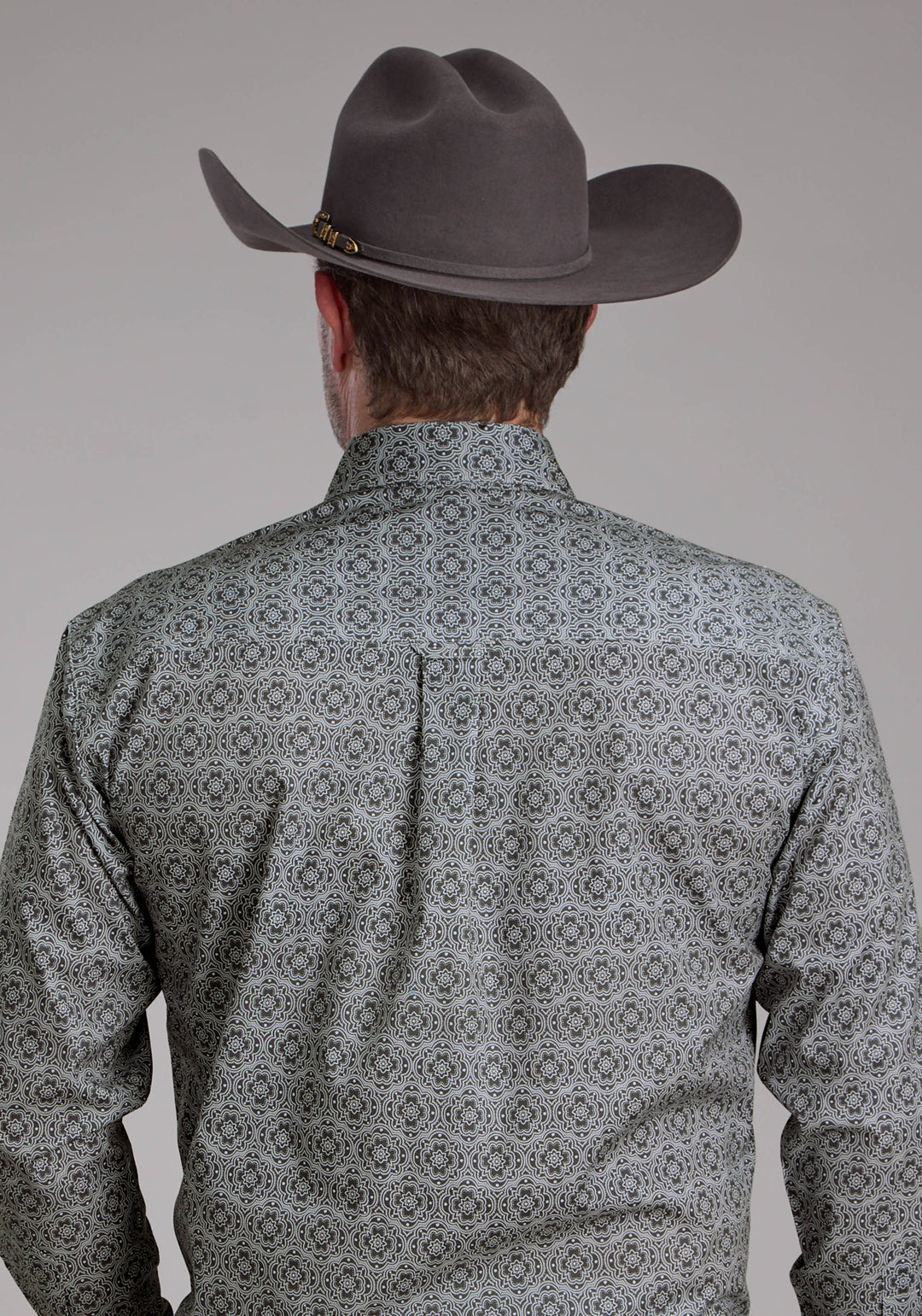 MENS STRETCH MEDALLION PAISLEY - GRAY LONG SLEEVE BUTTON WESTERN SHIRT