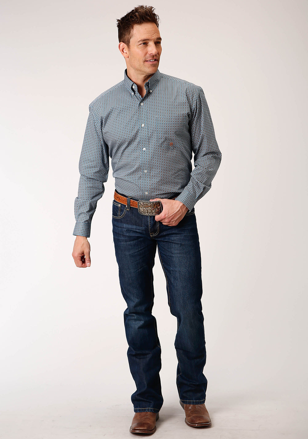 MENS LONG SLEEVE BUTTON BLUE GEO WESTERN SHIRT