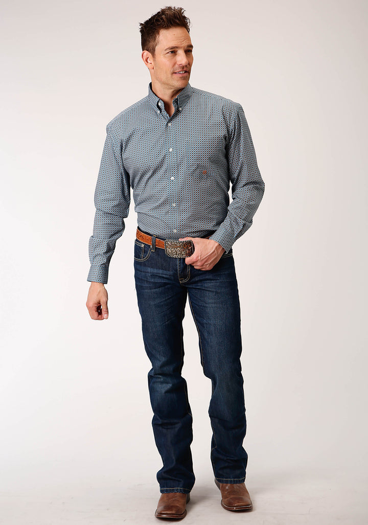 MENS LONG SLEEVE BUTTON BLUE GEO WESTERN SHIRT