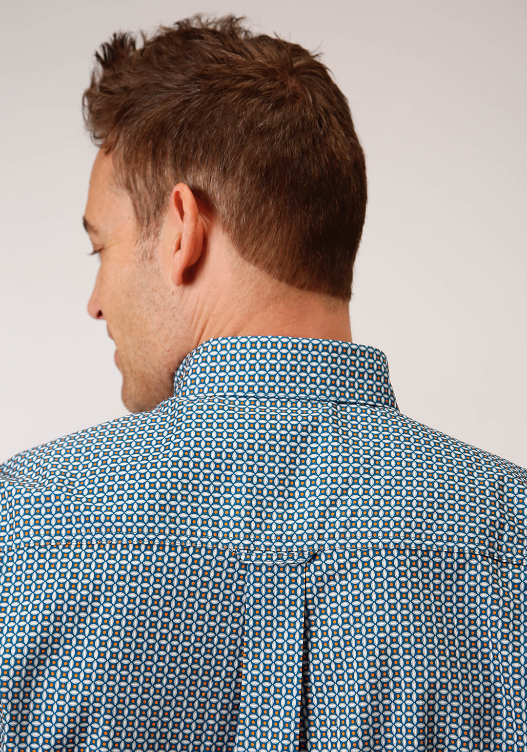 MENS LONG SLEEVE BUTTON BLUE GEO WESTERN SHIRT