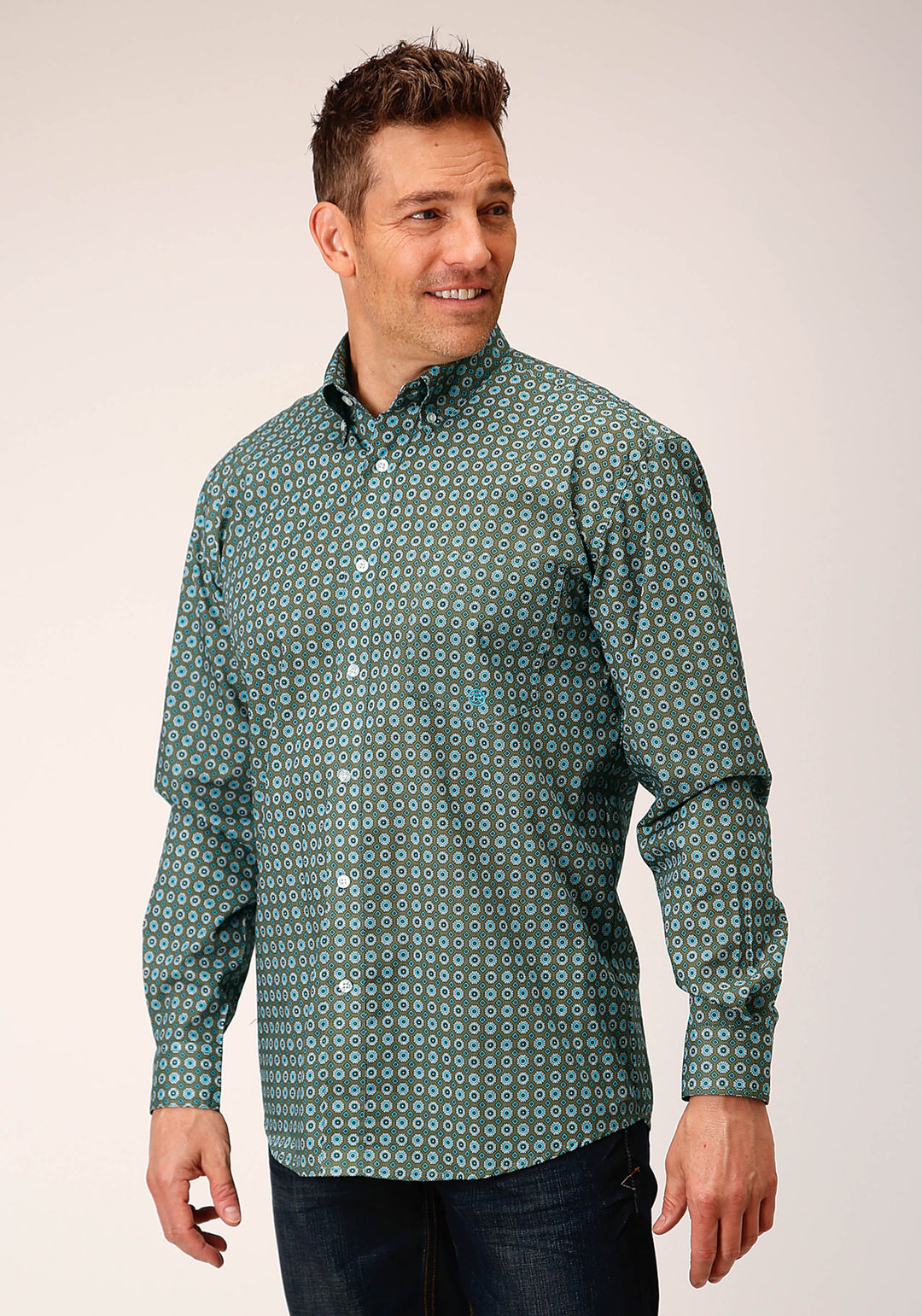 MENS LONG SLEEVE BUTTON OLIVE FOULARD WESTERN SHIRT
