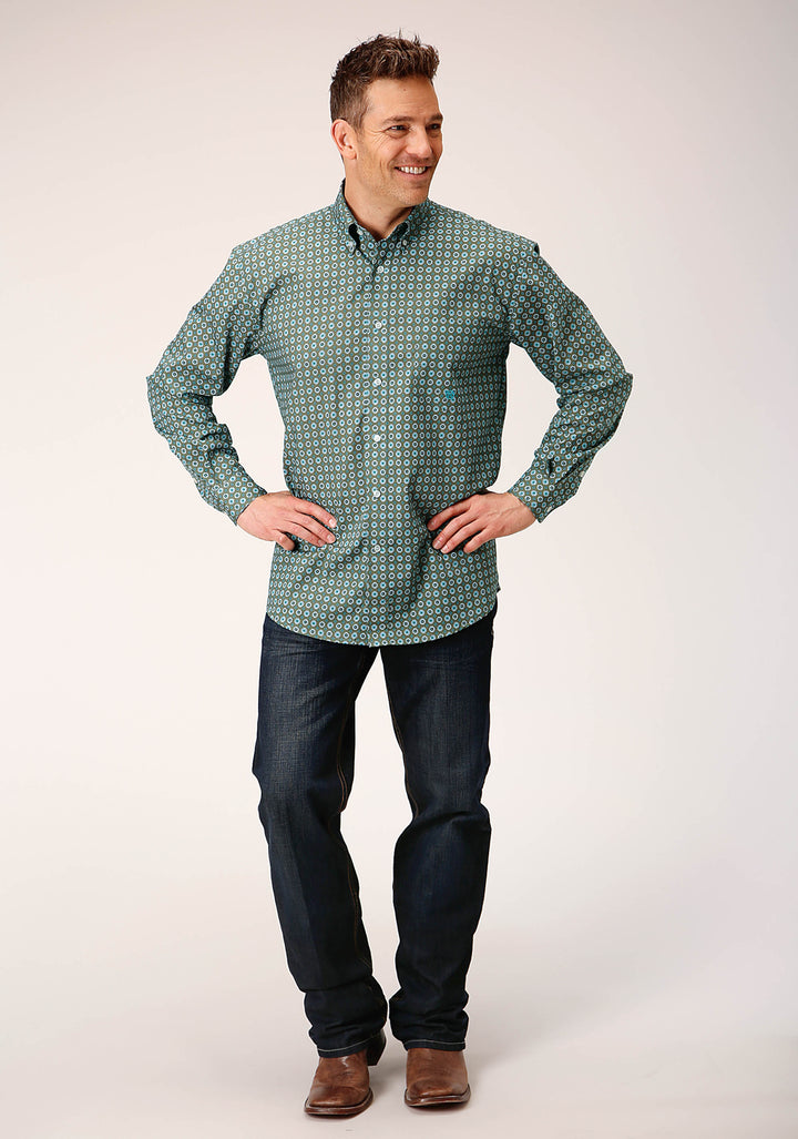 MENS LONG SLEEVE BUTTON OLIVE FOULARD WESTERN SHIRT