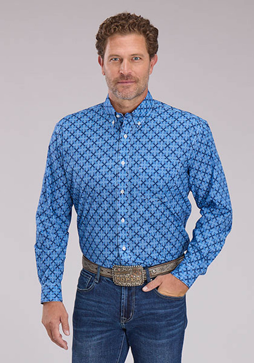 MENS BLUE RIBBON MEDALLION LONG SLEEVE BUTTON WESTERN SHIRT