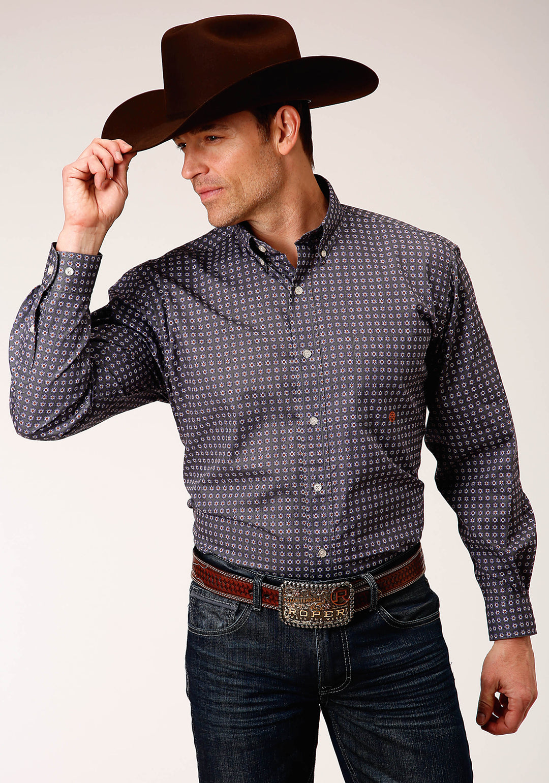 MENS LONG SLEEVE BUTTON PLUM FOULARD WESTERN SHIRT
