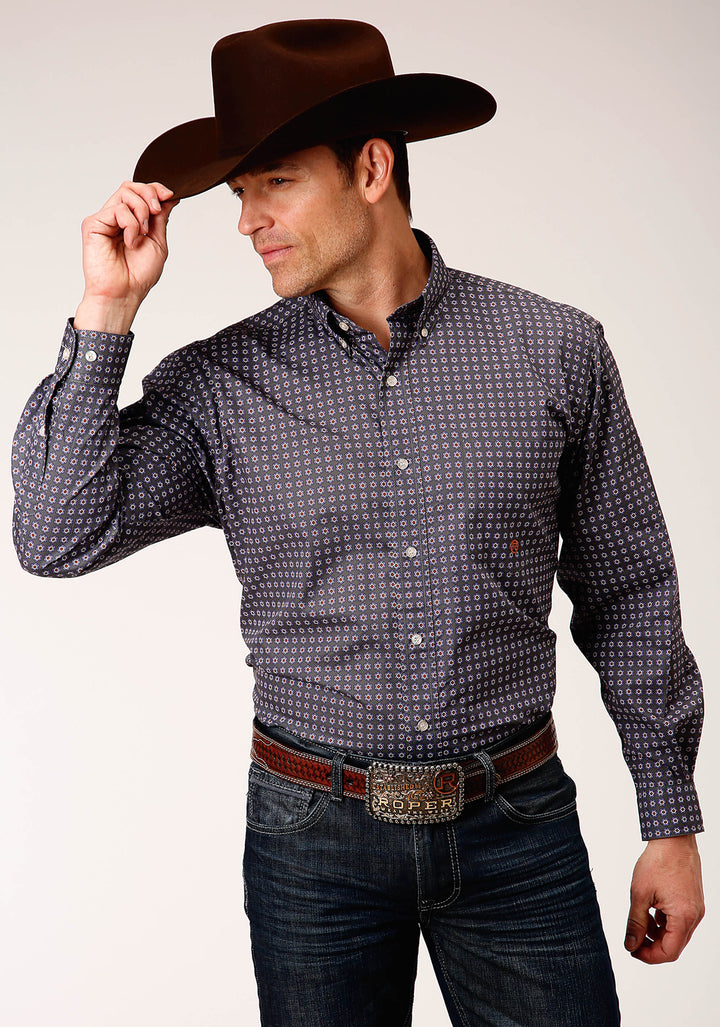 MENS LONG SLEEVE BUTTON PLUM FOULARD WESTERN SHIRT