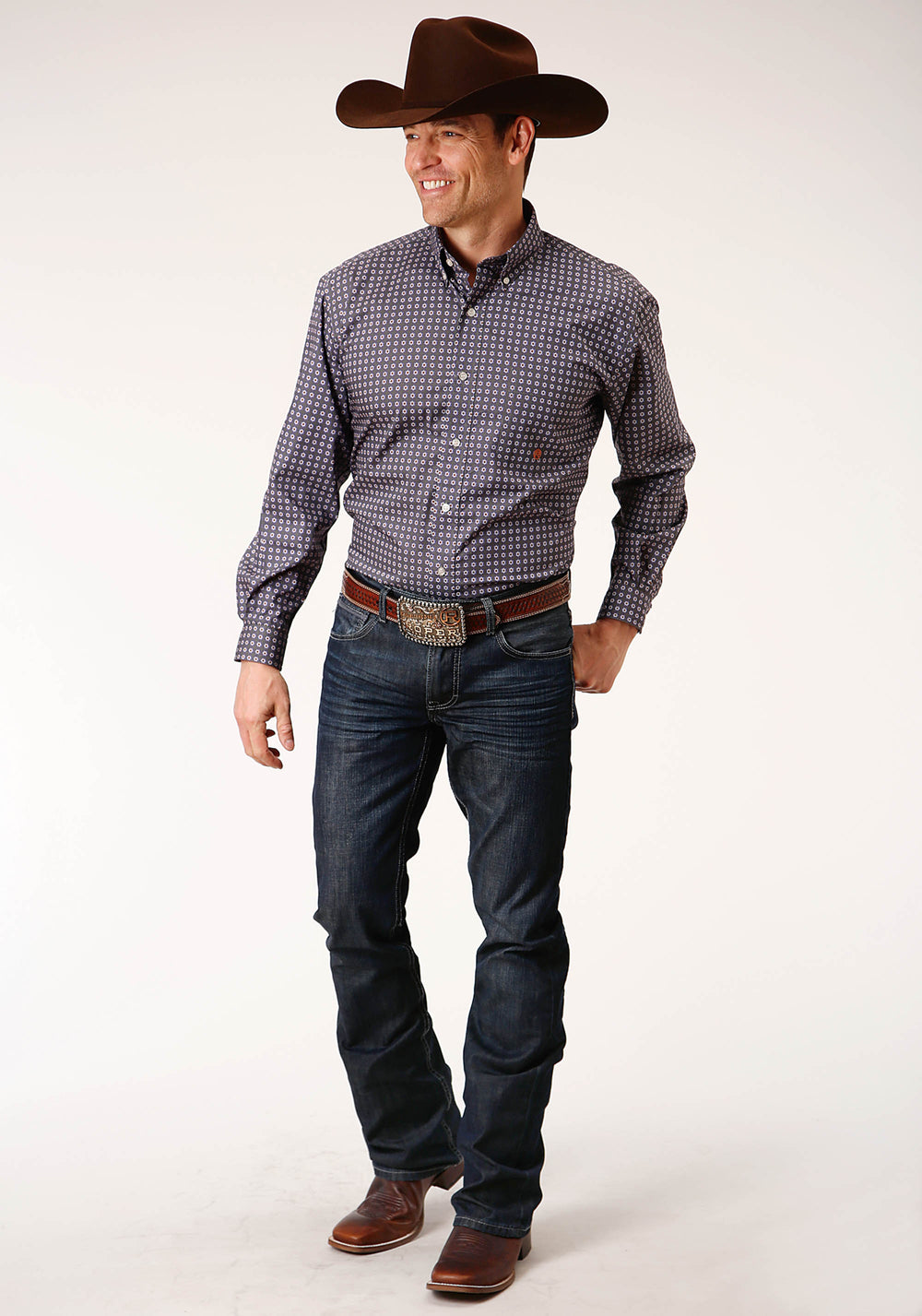 MENS LONG SLEEVE BUTTON PLUM FOULARD WESTERN SHIRT