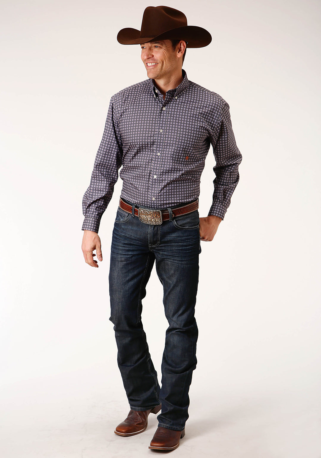 MENS LONG SLEEVE BUTTON PLUM FOULARD WESTERN SHIRT