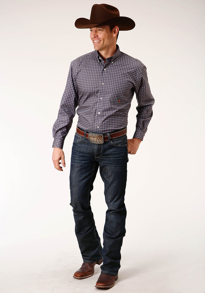 MENS LONG SLEEVE BUTTON PLUM FOULARD WESTERN SHIRT