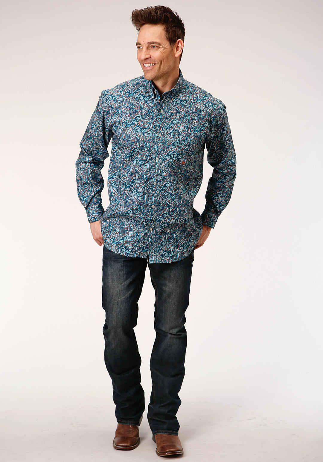 MENS LONG SLEEVE BUTTON BLUE CANYON PAISLEY WESTERN SHIRT