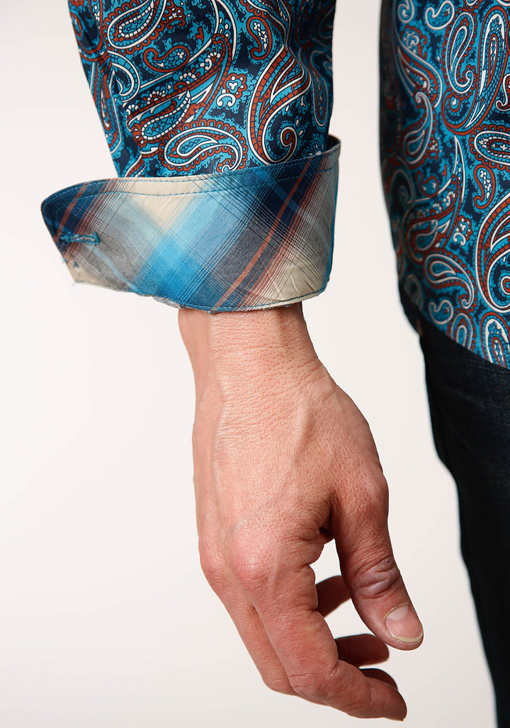 MENS LONG SLEEVE BUTTON BLUE CANYON PAISLEY WESTERN SHIRT