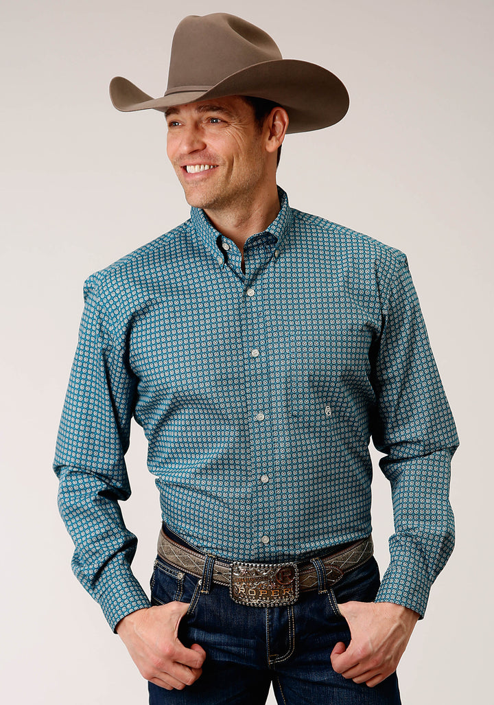 MENS LONG SLEEVE BUTTON AZURE NEAT WESTERN SHIRT
