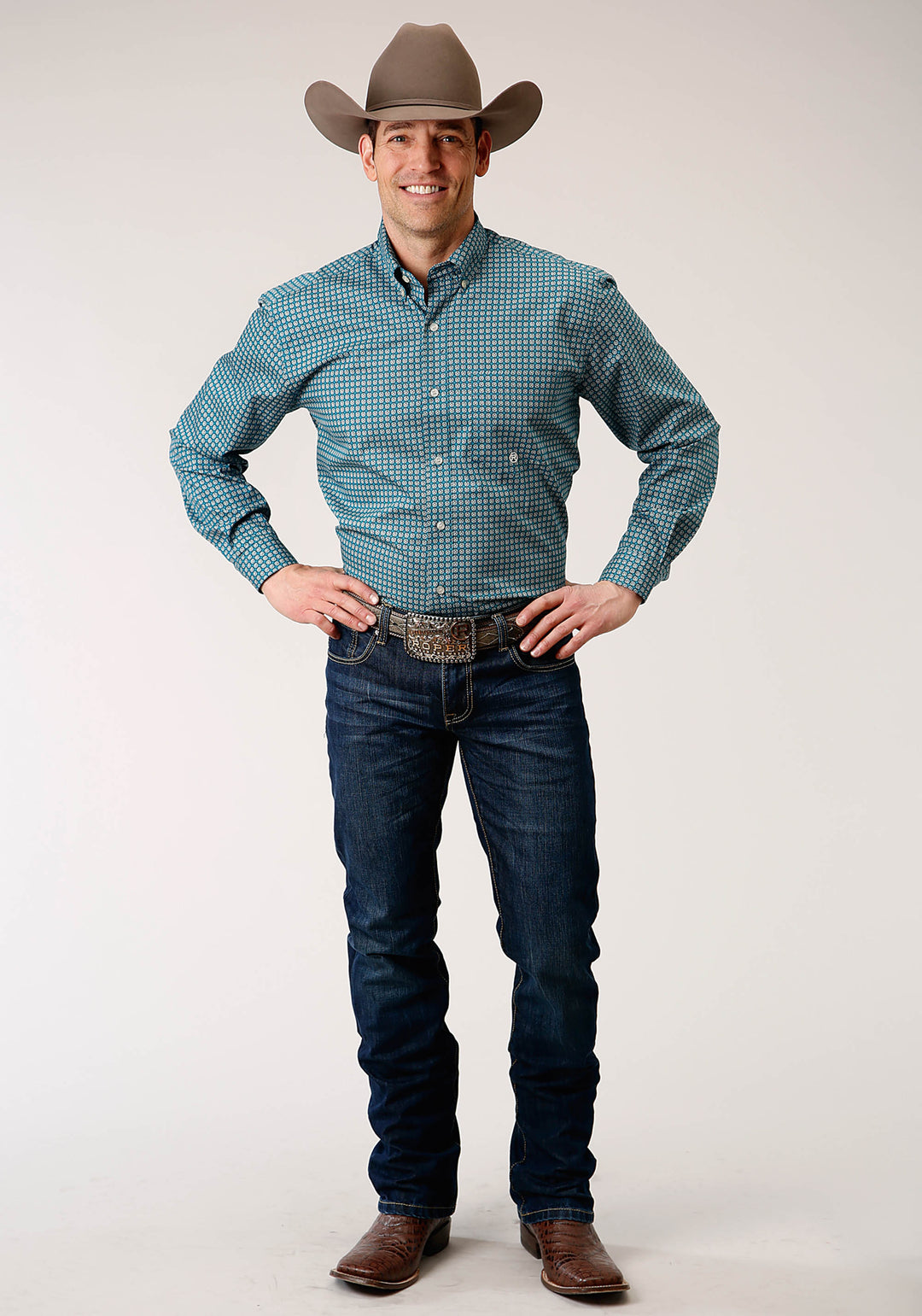 MENS LONG SLEEVE BUTTON AZURE NEAT WESTERN SHIRT