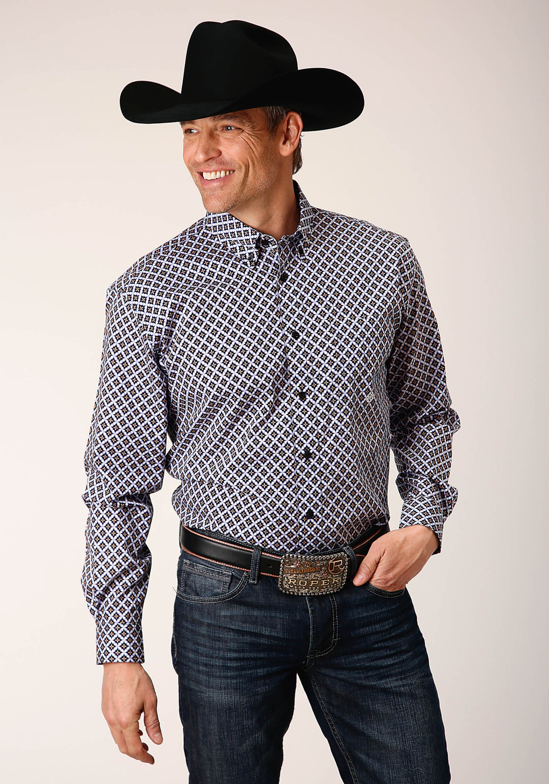 MENS LONG SLEEVE BUTTON TILE PATTERN FOULARD WESTERN SHIRT