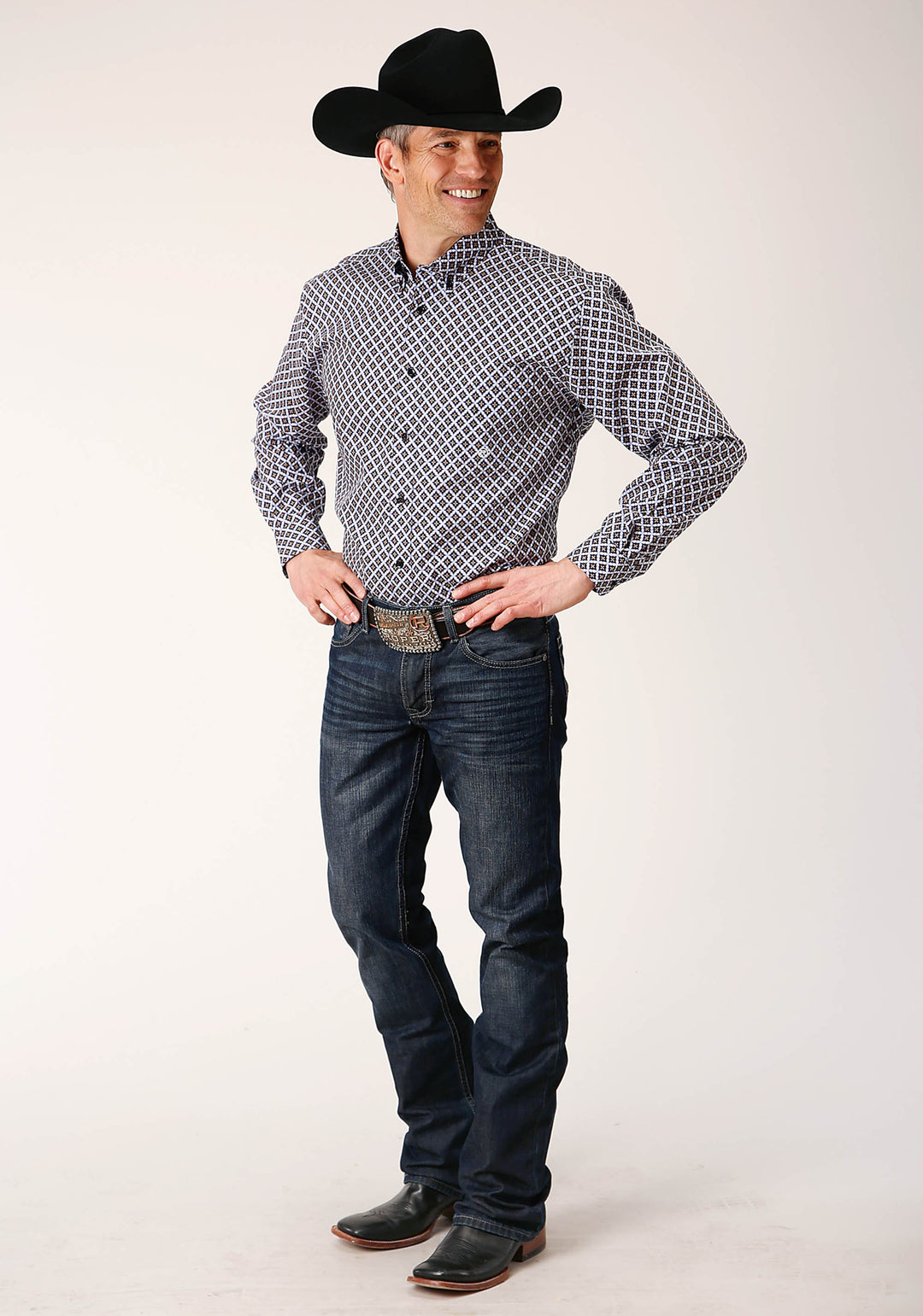 MENS LONG SLEEVE BUTTON TILE PATTERN FOULARD WESTERN SHIRT