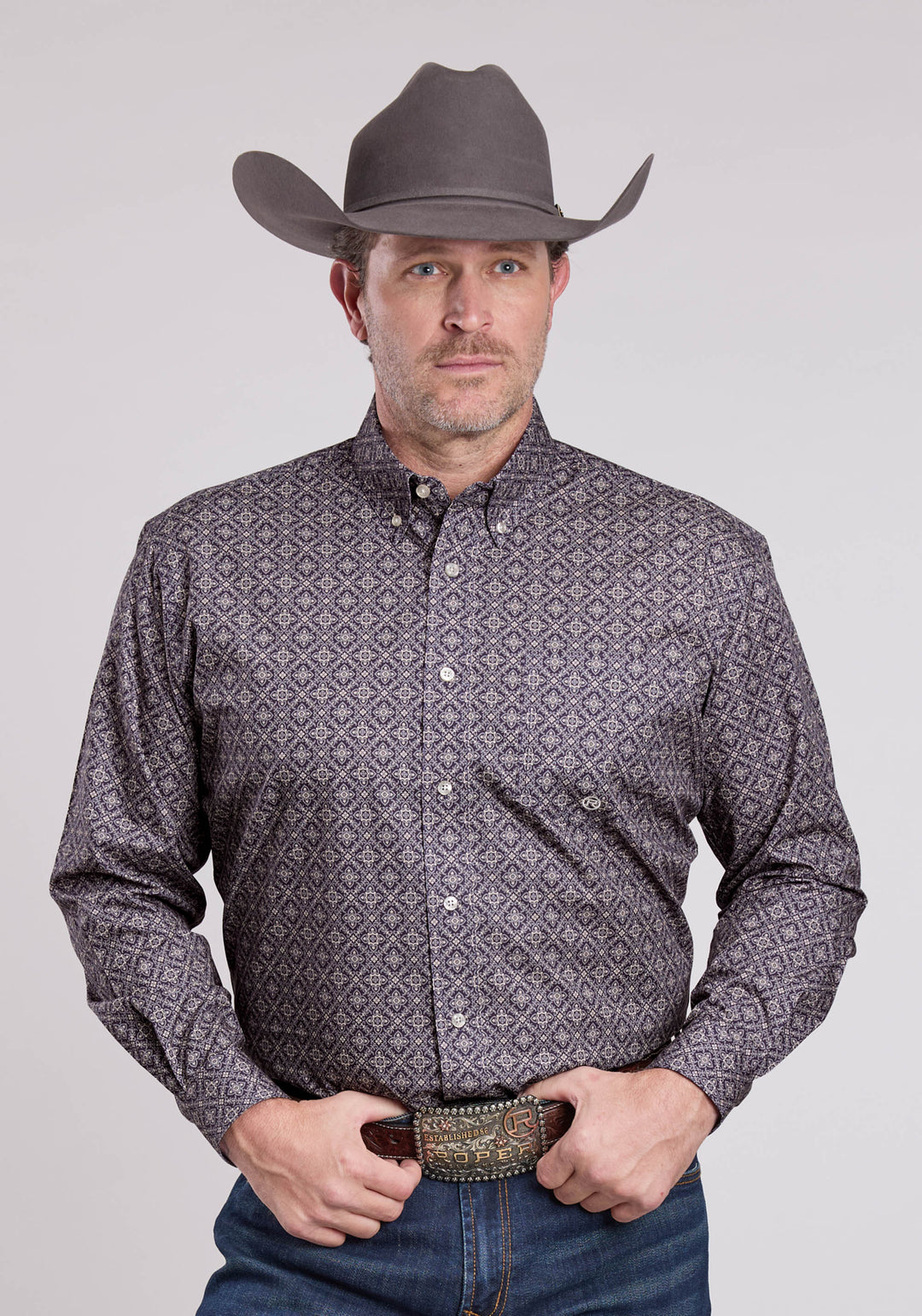 MENS LONG SLEEVE BUTTON PLUM FOULARD WESTERN SHIRT