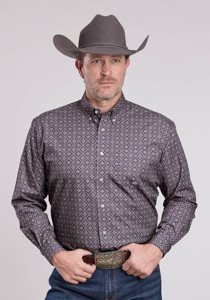 MENS LONG SLEEVE BUTTON PLUM FOULARD WESTERN SHIRT
