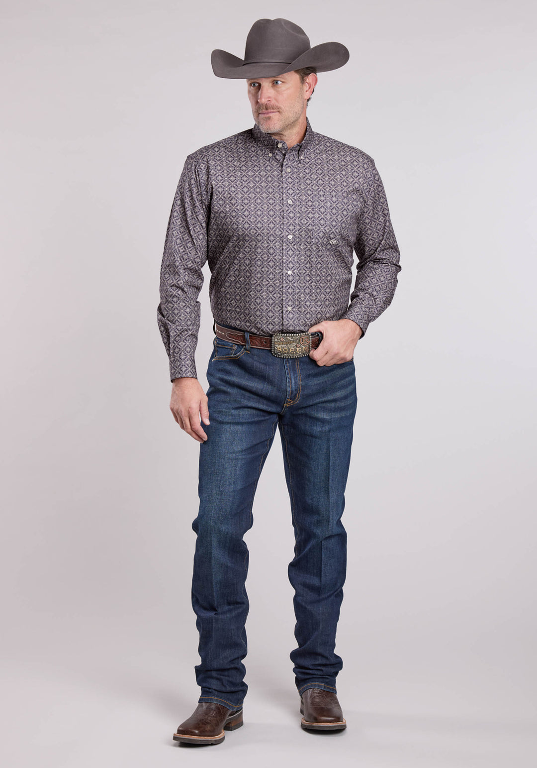 MENS LONG SLEEVE BUTTON PLUM FOULARD WESTERN SHIRT