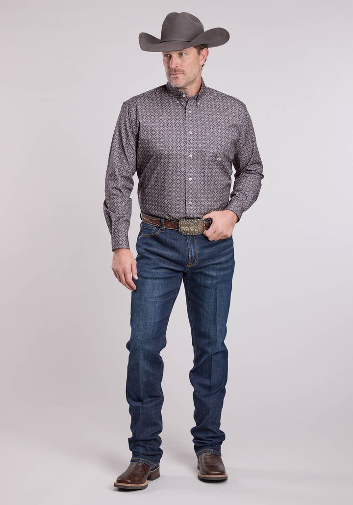 MENS LONG SLEEVE BUTTON PLUM FOULARD WESTERN SHIRT