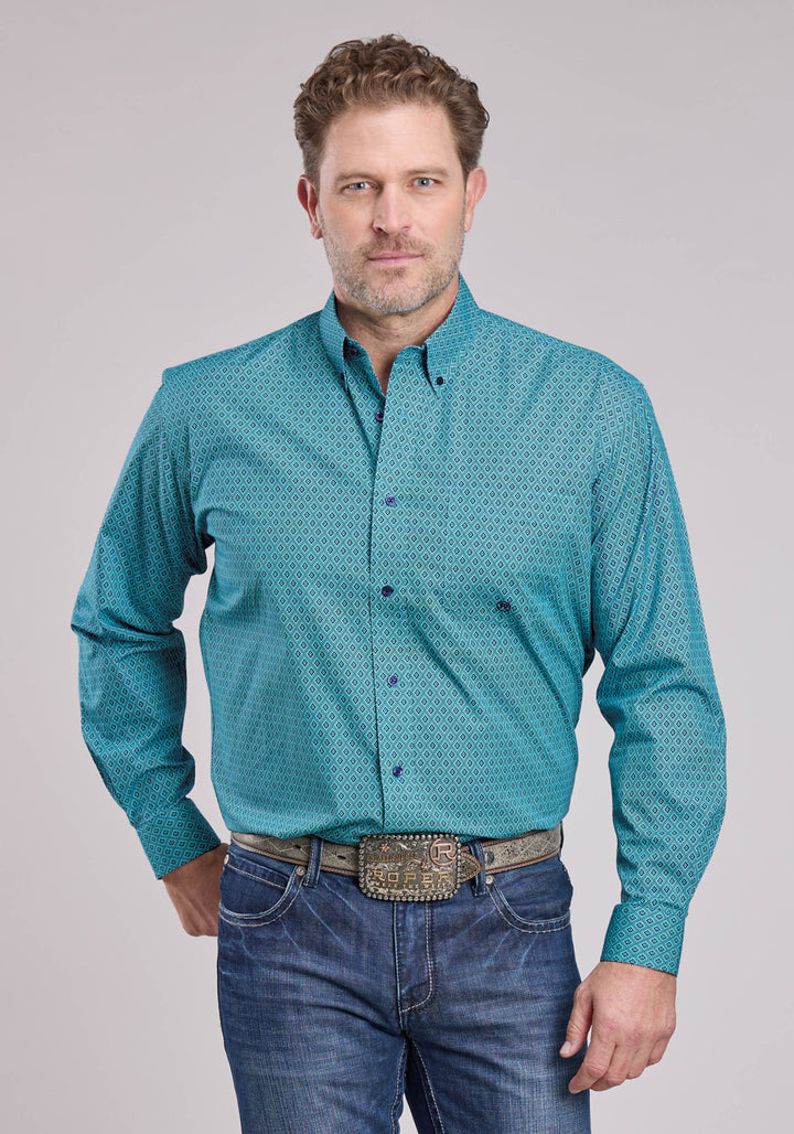 MENS LONG SLEEVE BUTTON AZTEC DIAMOND GEO WESTERN SHIRT