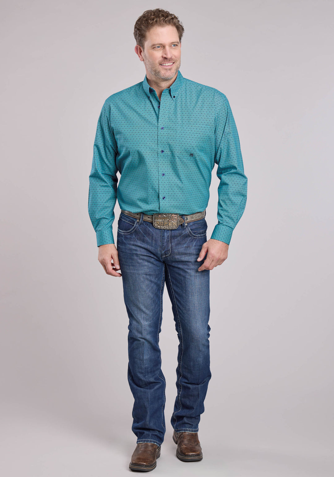 MENS LONG SLEEVE BUTTON AZTEC DIAMOND GEO WESTERN SHIRT