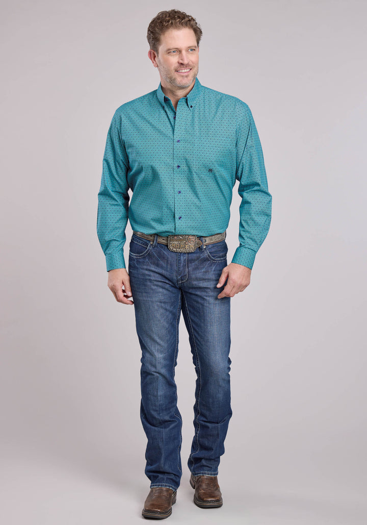 MENS LONG SLEEVE BUTTON AZTEC DIAMOND GEO WESTERN SHIRT