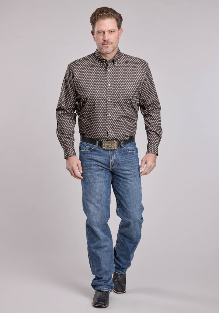 MENS LONG SLEEVE BUTTON GREY STRETCH FOULARD WESTERN SHIRT