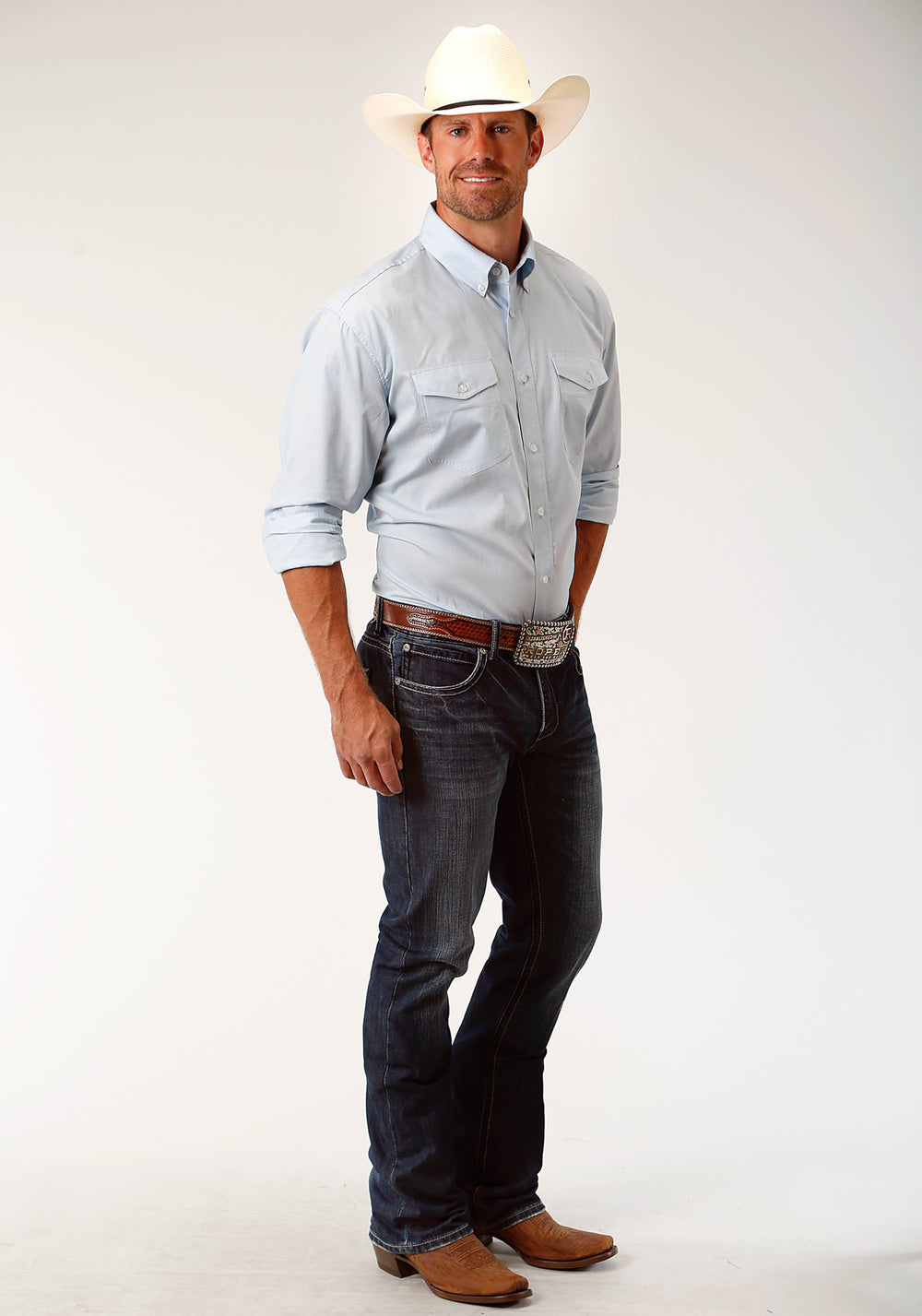 MENS BLUE SOLID LONG SLEEVE WESTERN BUTTON SHIRT