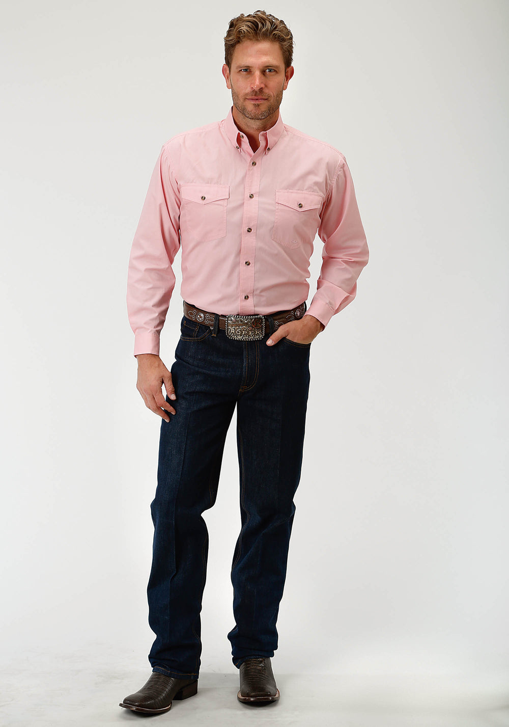 MENS PINK SOLID LONG SLEEVE WESTERN BUTTON SHIRT