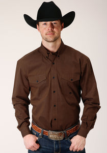 MENS LONG SLEEVE BUTTON BLACK FILL  BROWN WESTERN SHIRT