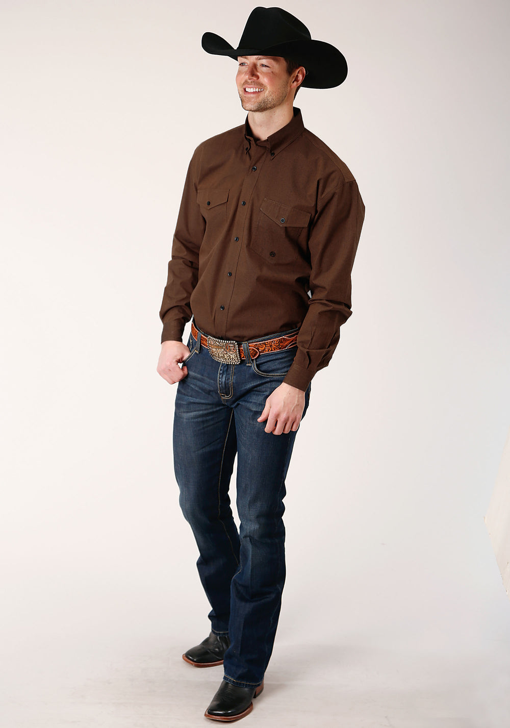 MENS LONG SLEEVE BUTTON BLACK FILL  BROWN WESTERN SHIRT