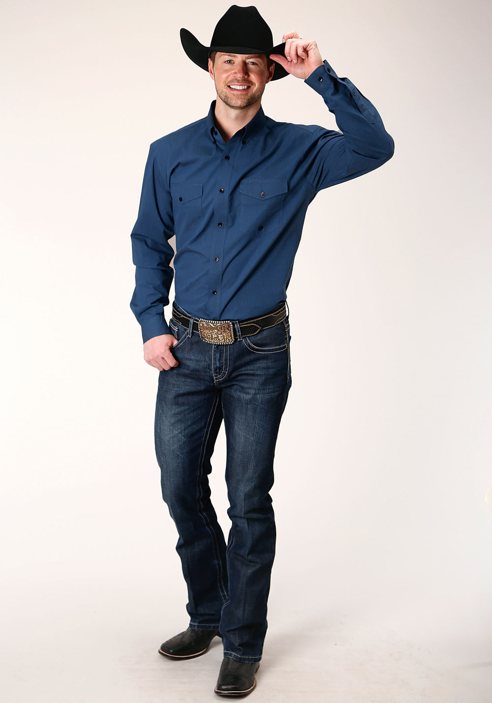 MENS LONG SLEEVE BUTTON BLACK FILL  SOLID BLUE WESTERN SHIRT