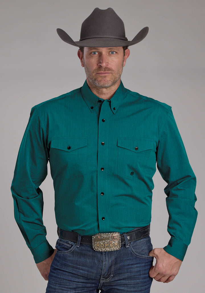 MENS BLACK FILL SOLID POPLIN - TEAL LONG SLEEVE BUTTON WESTERN SHIRT