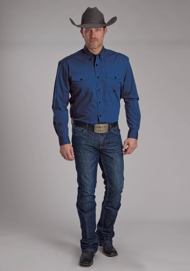 MENS BLACK FILL POPLIN - BLUE LONG SLEEVE BUTTON WESTERN SHIRT