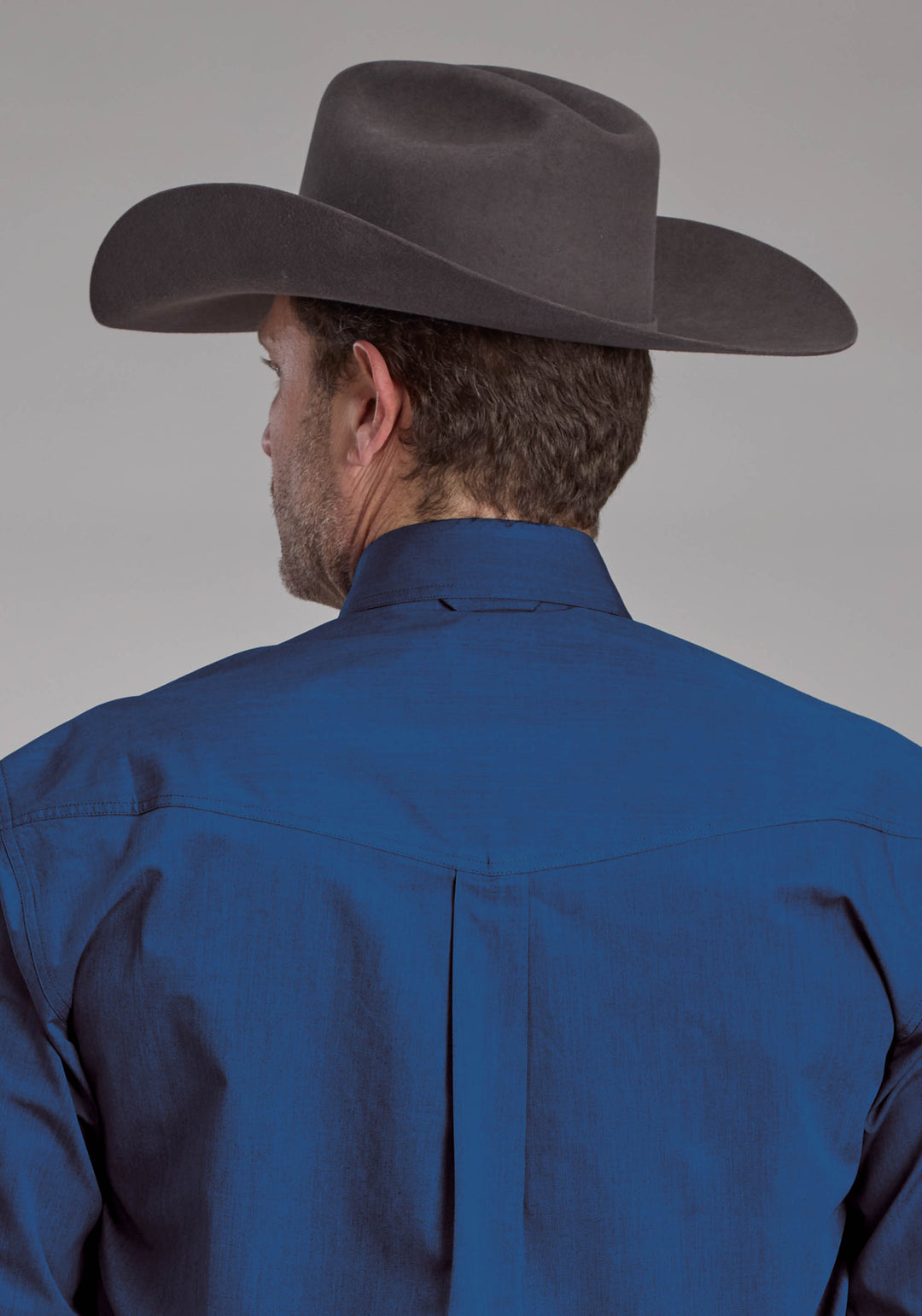 MENS BLACK FILL POPLIN - BLUE LONG SLEEVE BUTTON WESTERN SHIRT