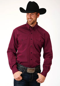 MENS LONG SLEEVE BUTTON SOLID BLACK FILL  WINE WESTERN SHIRT