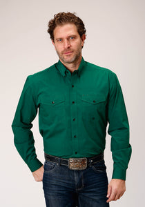 MENS LONG SLEEVE BUTTON BLACK FILL SOLID GREEN WESTERN SHIRT